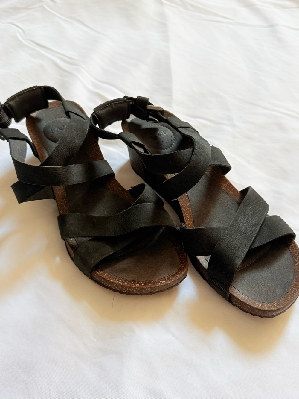 Teva Black Leather Cork Wedge Sandals Strappy Slingback Platform Shoes Size 9.5
